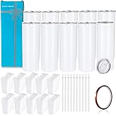YOUKE OLA 10 Pack Sublimation Tumblers Bulk Straight Skinny Tumbler Blanks 20oz for Heat Transfer, Individual Gift Boxed, Double Wall Insulated Tumbler with Shrink Wrap Films & Heat Tape & Straws