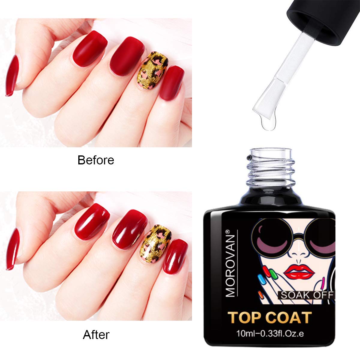 No Wipe Top Coat Base Coat for Gel Nail Polish - Shine Finish and Long Lasting, Soak Off UV LED Gel(2PCS, 10ml Each Bottle) : Beauty