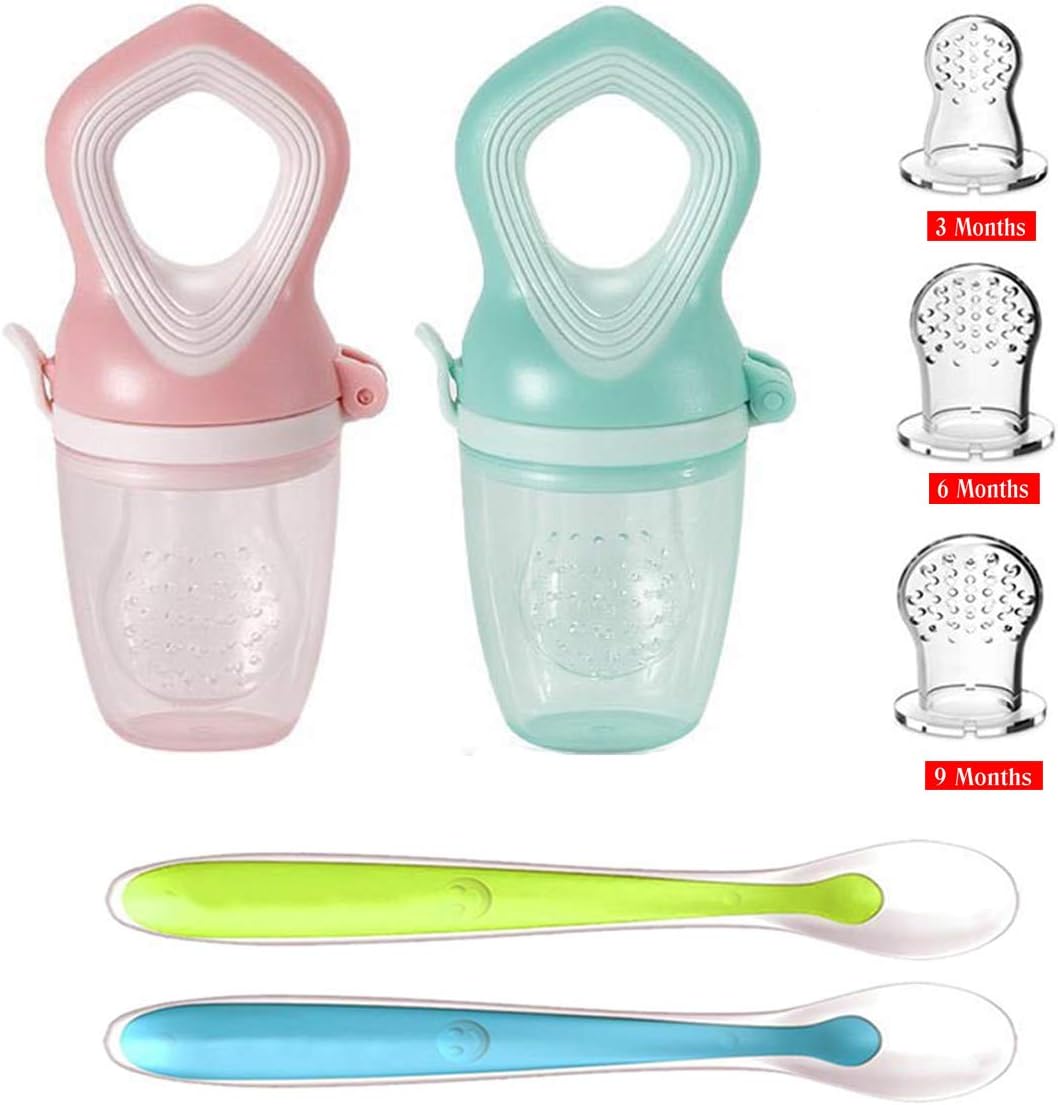 Baby Food Feeder/Fruit Feeder Pacifier(2 Pack)-3 Different Sized Silicone Teething Pacifiers,Infant Teething Toy with 2 Pack Baby Feeding Spoons,BPA Free,Non Toxic (7 Pack)