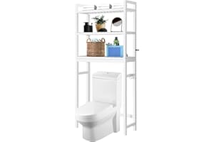 HITOMEN Over The Toilet Storage Cabinet, Bamboo Adjustable 3-Tier Above Toilet Shelf, Stable Freestanding Above Toilet Organizer with 3 Hooks for Bathroom Restroom Laundry Balcony, White 67" H