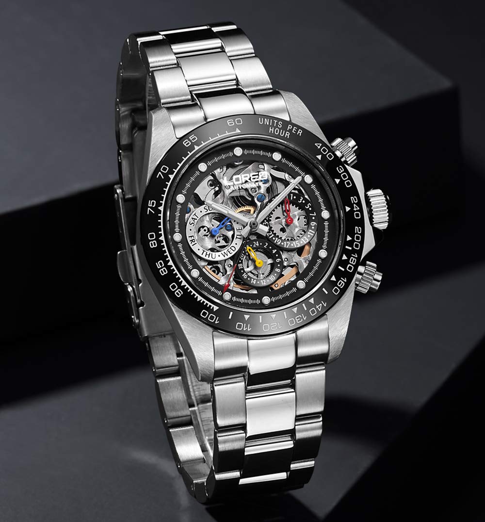 LOREO Mens Automatic Watch Skeleton Hollow Out Dial Sapphire Crystal Mechanical Self-Winding Silver Stainless Steel Waterproof Watch