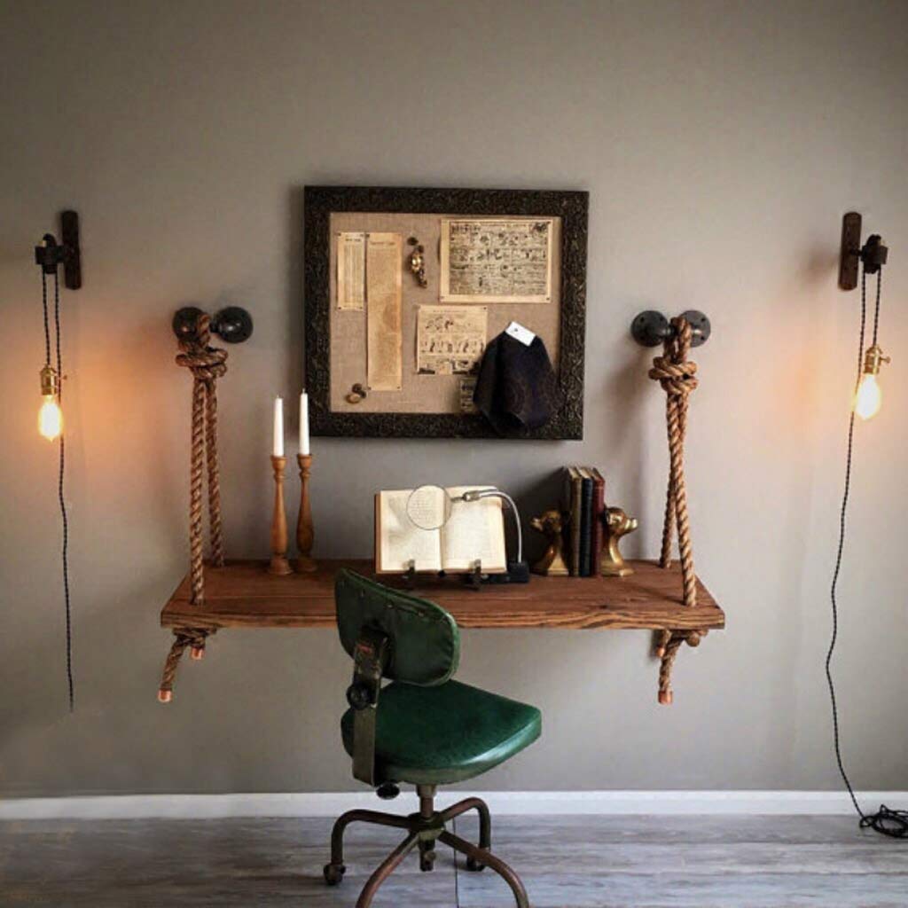 LTM-MPZ Wall-mounted Hemp Rope Drop-leaf Table,Computer Desk, Industrial Retro Wooden Wall Hanging Wood Bedroom Corner Desk (Size : 80 * 45cm)