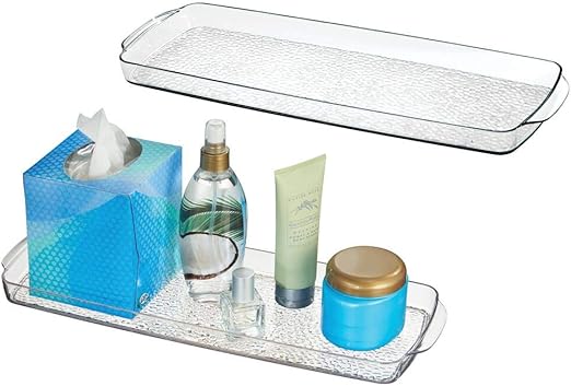 Amazon Com Mdesign Long Plastic Bathroom Vanity Countertop Toilet Tank Top Storage Tray Holds Towels Candles Jewelry Lotions Tissues Canisters Toiletries And More 2 Pack Clear Home Kitchen