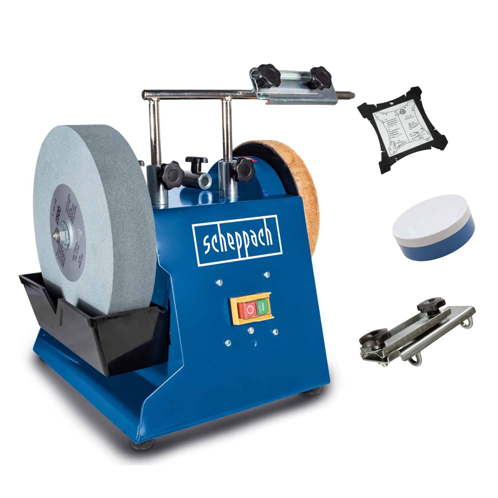Scheppach Tiger 2500 Wet Bench Grinder | Ø250mm Corundum Whetstone | 200W | Leather Honing Wheel | Universal Grinding Jig & Angle Gauge | for Workshop Tools & DIY