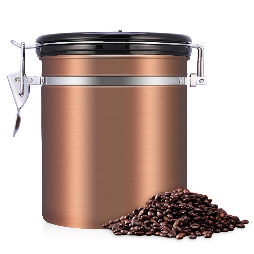 1 5L Capacity 304 Stainless Steel Vacuum Airtight Coffee Container Storage Canister Can Coffee Beans Jar for Kitchen Storage (Gold)