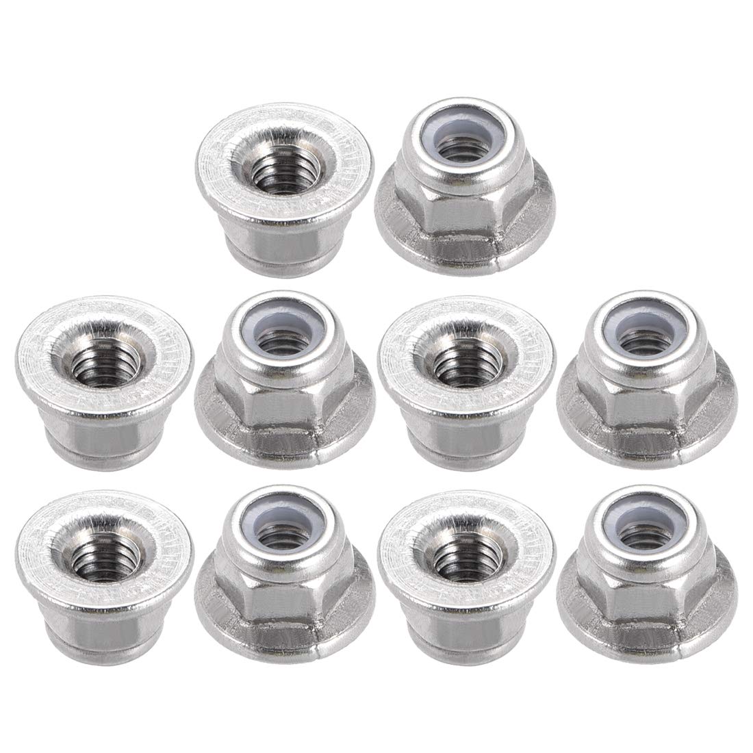 sourcing map M4x0.7mm Hex Flange Nylon Insert Lock Nuts, Stainless Steel 304, 10 Pcs