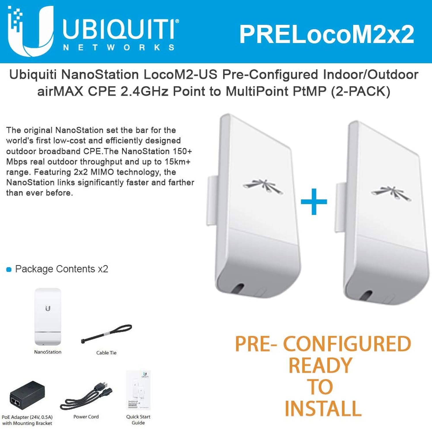Ubiquiti LocoM2 2-PACK PRE-CONFIGURED Nanostation Loco M2 AirMax CPE 2 ...