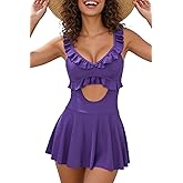 OnlyFyrene Women Ruffle Ruched Cutout One Piece Swimdress with Shorts Adjustable Straps Bathing Suits Chic Slimming Swimwear