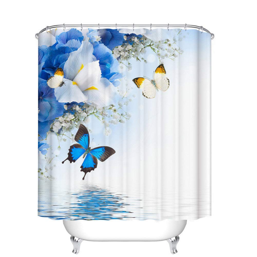 Fangkun Shower Curtain Sets - Resort Spa Home Decor Blue White Wild Flowers Butterflies Flying Art Prints Design - Polyester Fabric Bath Curtains - 12pcs Shower - 72 x 72 inches