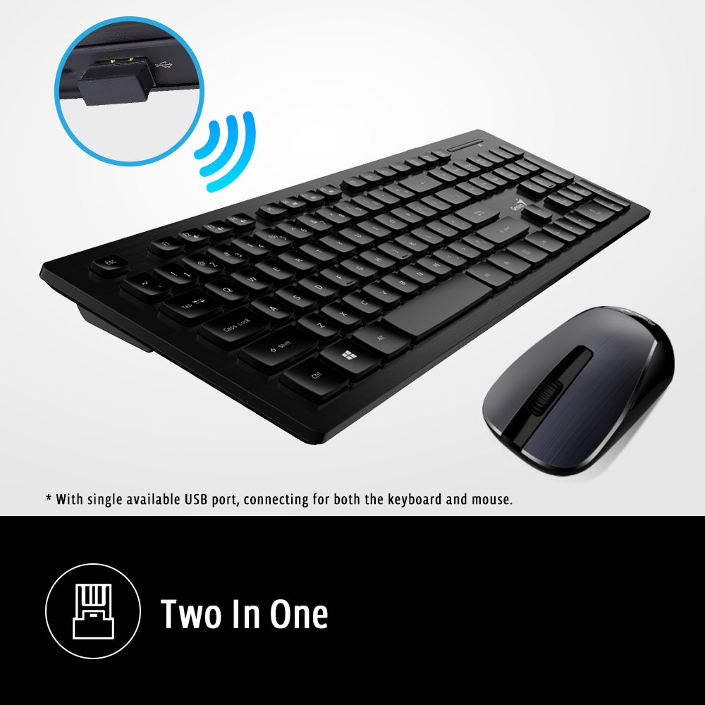 Genius Wireless Smart Keyboard and Mouse Combo [SlimStar 8008] - Multimedia Keyboard and Precision Mouse Set. Brushed Metal Look, Smart Profile Switch, Rich Function Keys for PC & Mac Computers