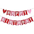 CAVLA Happy Birthday Banner for Valentine's Day Red Pink Valentine's Day Themed Birthday Banner with Glitter Heart Signs Valentines Birthday Paper Banner for Home Wall Party Decorations Supplies