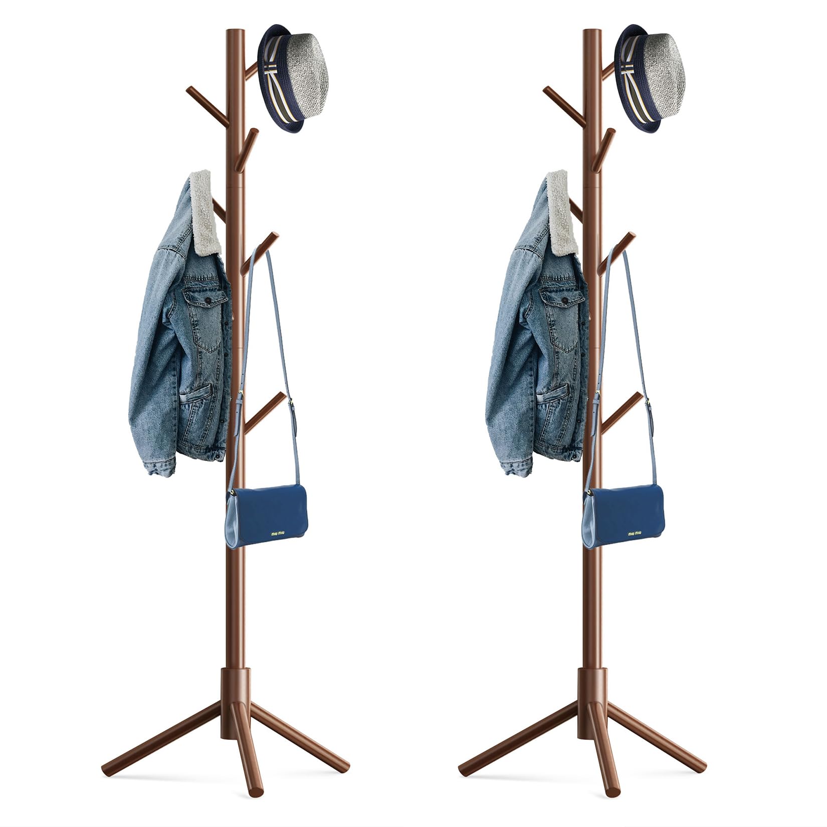 Photo 1 of Hupmad Wooden Tree Coat Rack Stand,Sturdy Freestanding Coat Rack with 8 Hooks,3 Adjustable Height for Child Adult,Wood Coat Stand Tree Fits Entryway Bedroom Office for Bags,Hats, 2 Pack