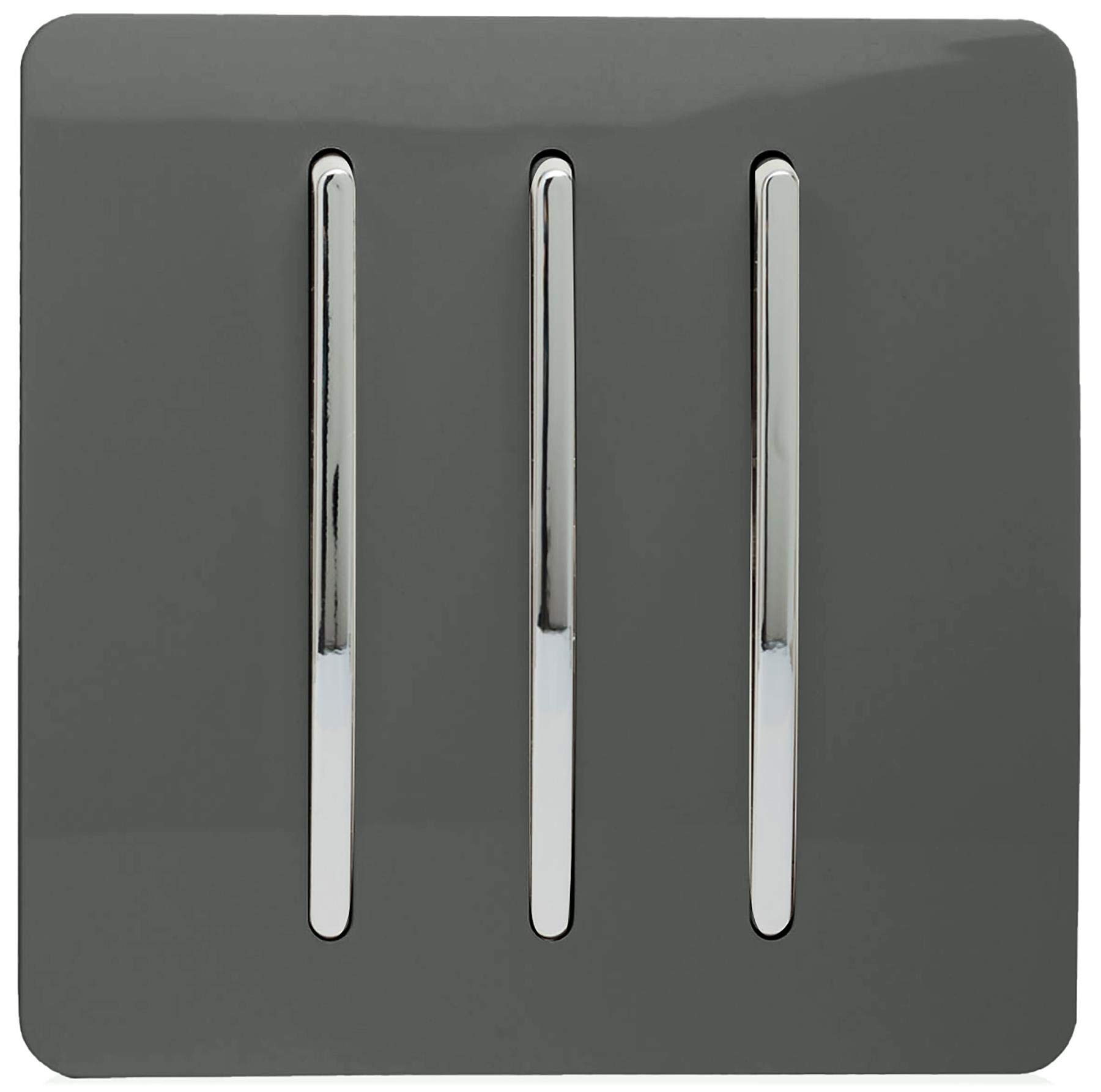 Trendi 3 Gang 2 way 240V Screwless Raised Front Plate Plastic Artistic Modern Glossy 10 Amp Chrome Rocker Triple Electrical Wall Light Switch Charcoal Grey- ART-SS6CH โ image 1