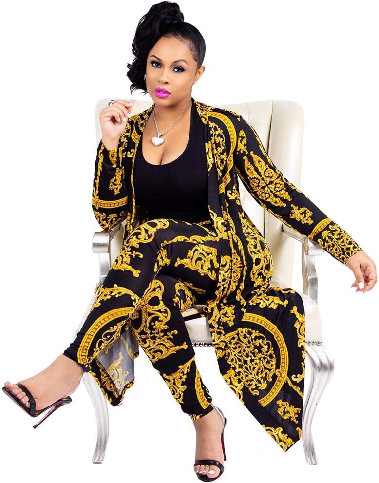 Women 2 Piece Club Outfits Long Sleeve Floral Open Front Cardigan and Pants Set (Medium, Black)