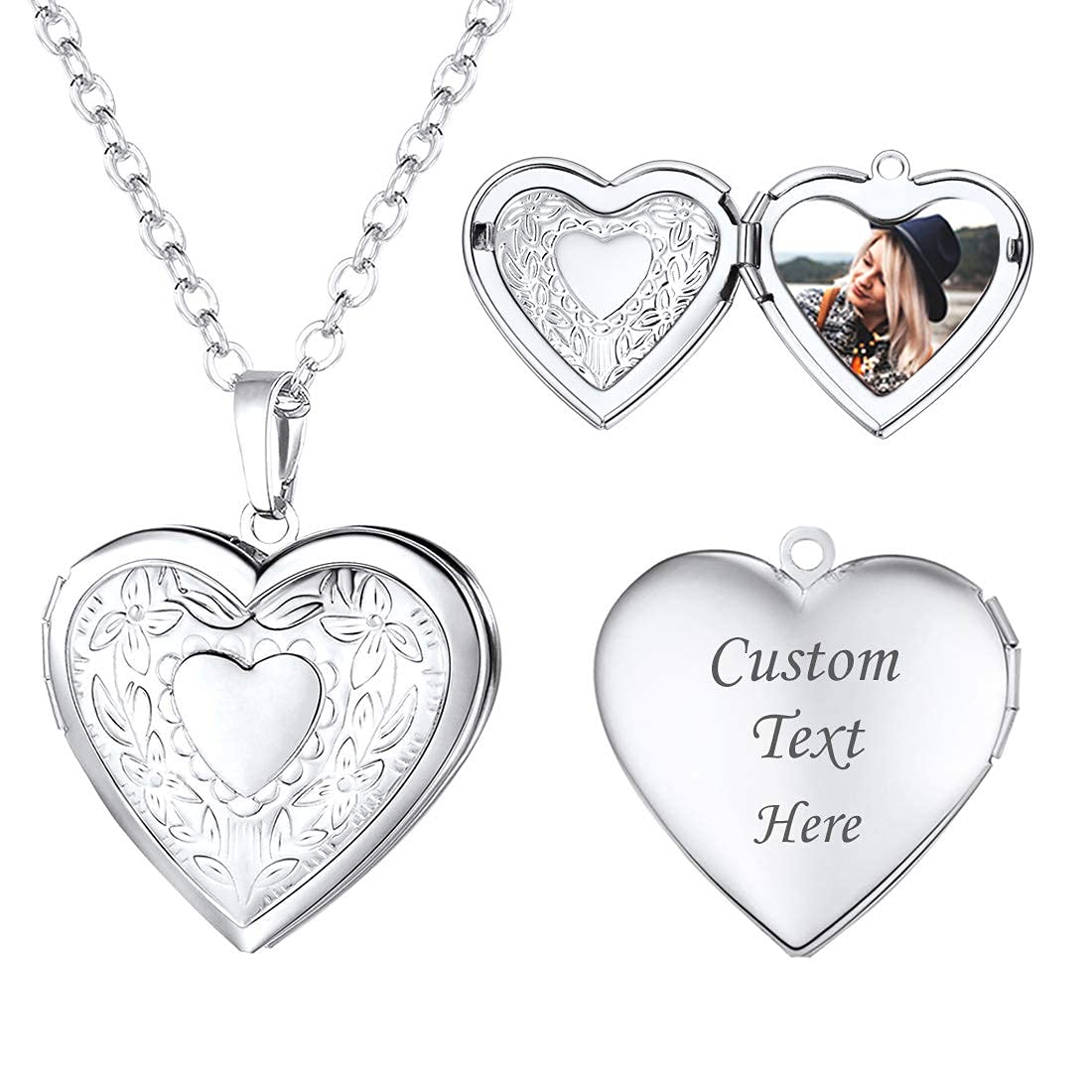 U7 Silver Heart Locket Necklace, Stainless Steel Heart Pendant for Women — image 1