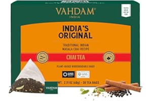 VAHDAM, India's Original Masala Chai Tea (30 Pyramid Tea Bags) Non GMO, Gluten Free, No Artificial Flavors | Blended w/Exotic Spices | Chai Tea Bags | Resealable Ziplock Pouch