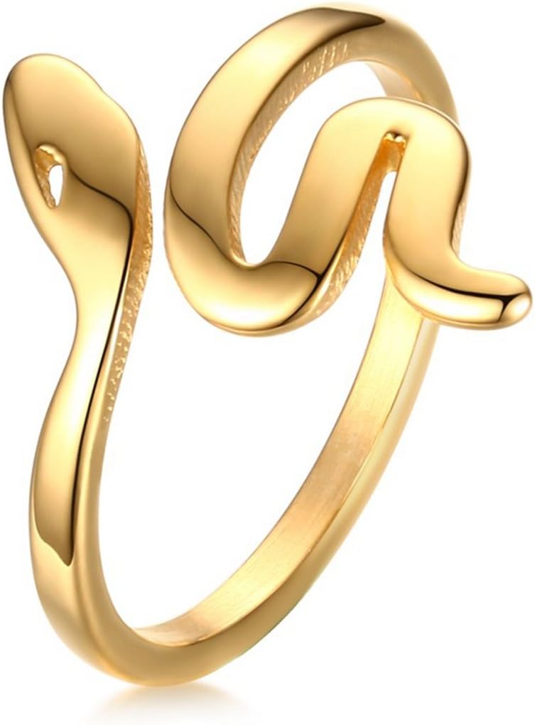Women's Gold Snake Cocktail Wrap Open Rings Stainless Steel Statement Pinky Rings Personality Animal Jewelry Size 6-8