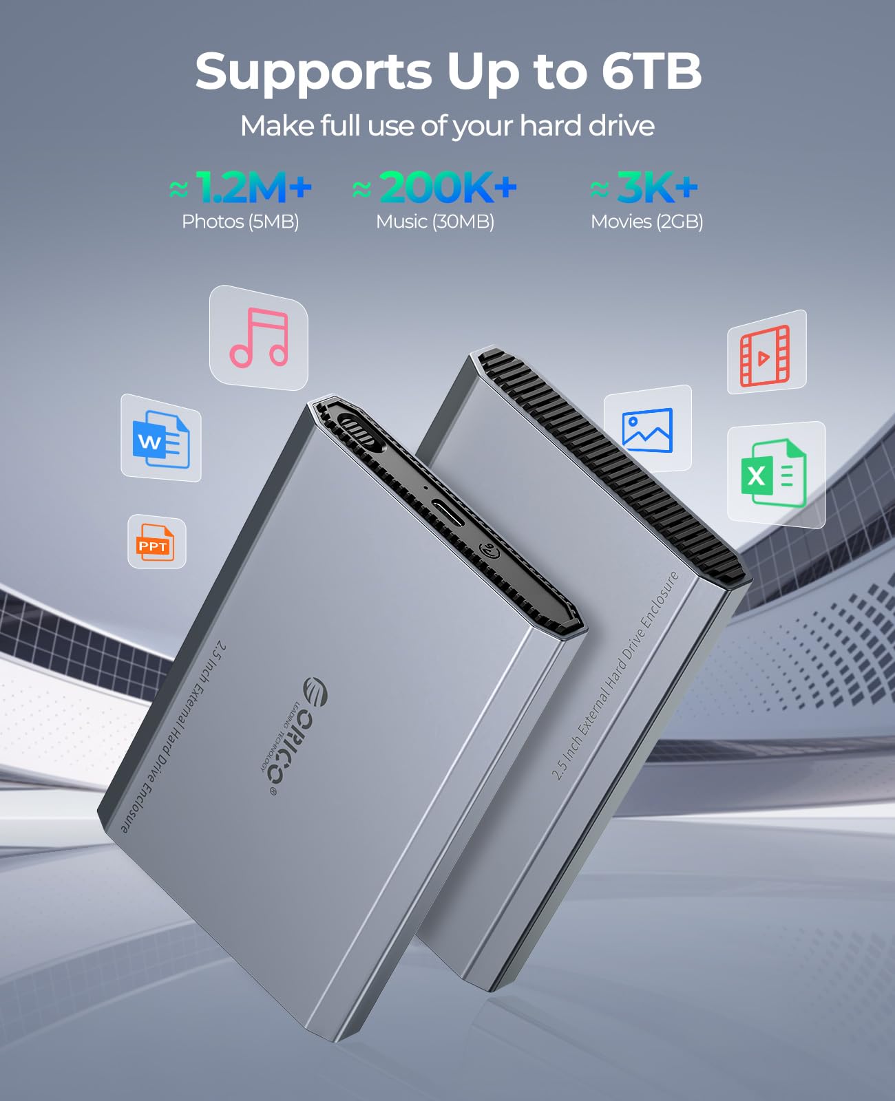 ORICO Aluminium Festplattengehäuse 2,5 Zoll USB-C 3.2 6Gbps Externes SSD Gehäuse für 2,5" SATA HDD SSD Maximal 6TB mit USB C/A 2-in-1 Kabel, Unterstützt UASP (DD25C3) 5