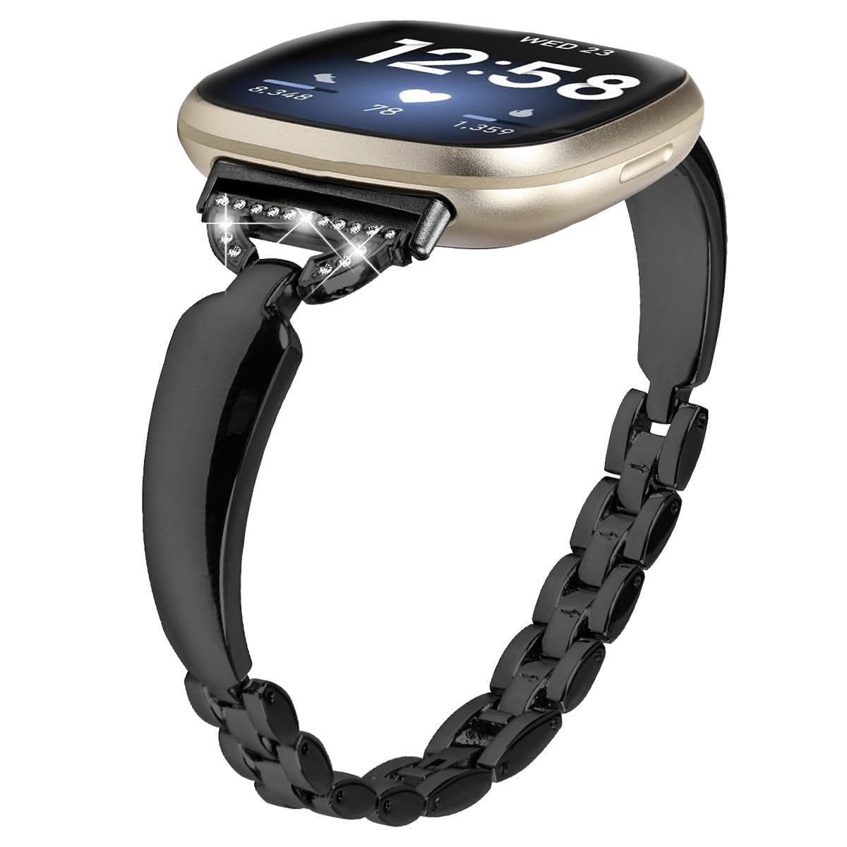 Miimall Zinc Alloy Strap for Fitbit Versa 4/Versa 3/Fitbit Sense 2/Sense Band, Bling Rhinestone Wristband, No Gap Metal Band for Fitbit Versa 4, Adjustable Replacement Strap for Women Girl-Black