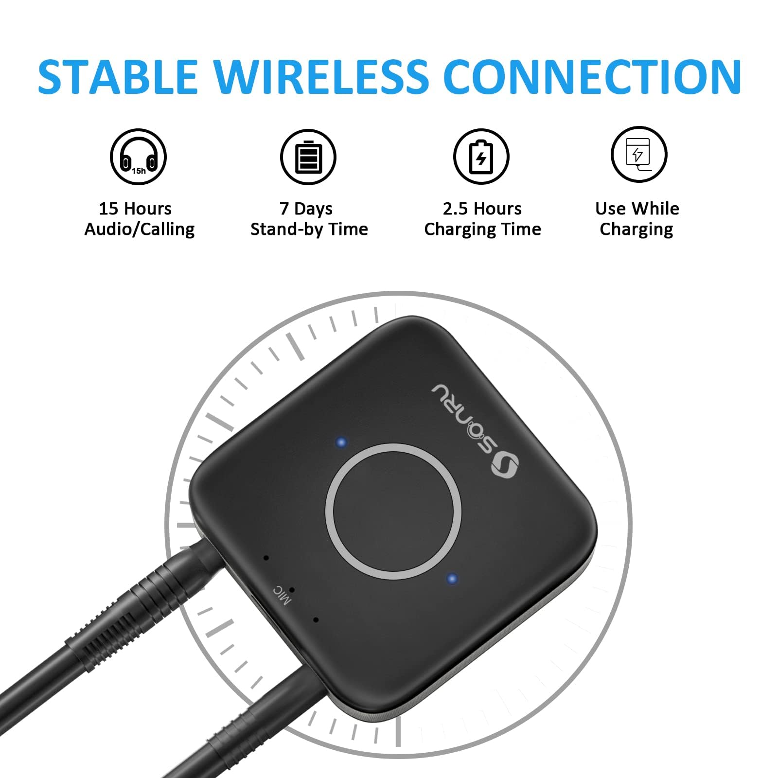 SONRU Bluetooth 5.3 Adapter Hi-Fi Equipment for Car Wireless Audio Receiver with 3.5mm AUX RCA Cable, Noise Cancellation, Dual AUX Outputs for Home Speakers Wired Headphones