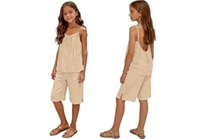 Girls 2 Piece Summer Outfits Linen Backless Camisole Tops Teens Boho Hawaiian Shorts Set Casual Sleeveless Beach Set