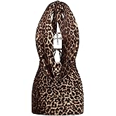 SOLY HUX Women's Leopard Halter Mini Dress Cheetah Print Deep V Neck Draped Sleeveless Ruched Bodycon Party Club Dresses
