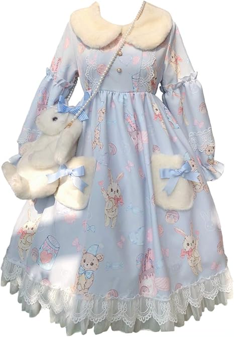 Amazon ワンピース ロリータ 長袖 ロリータ服 森ガール 女の子 少女 姫 ドレス ゆめかわいい ウサギ クマ コスプレ 衣装 ボア 秋冬 暖かい もこもこ ケープ リボン フリル レース クリスマス パーティー 学園祭 文化祭 イベント 普段着 水色 ワンピース