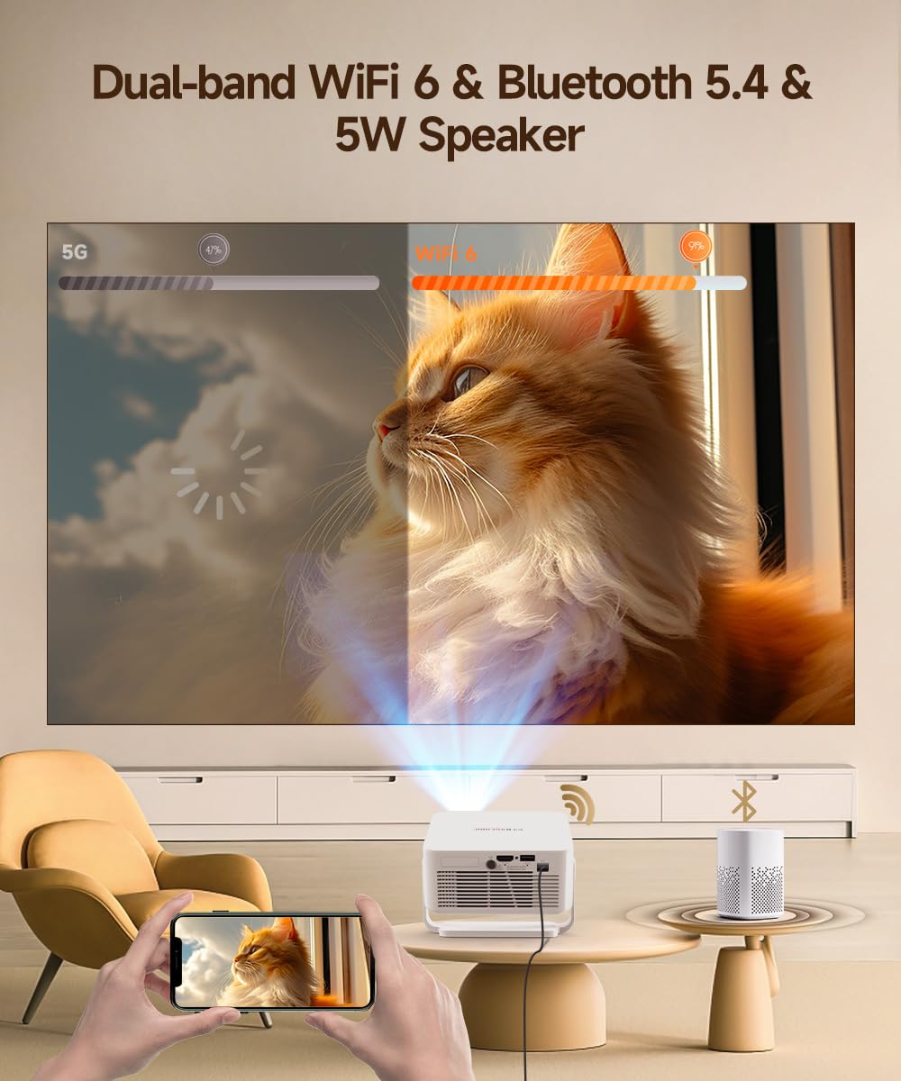 2025 Android 14 Smart Projector 4K & 8K Support, Portable Projector with WiFi 6 and Bluetooth 5.4, Auto Focus & Vertical Keystone, 180°Rotatable, Mini Proyector for Outdoor Home HY300Max