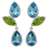 14k White Gold Dangle Earrings with Peridots and Blue Topaz