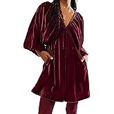 Antinson Womens Velvet Mini Dress Deep V Neck Puff Sleeve Elastic High Waist A-Line Swing Short Dress