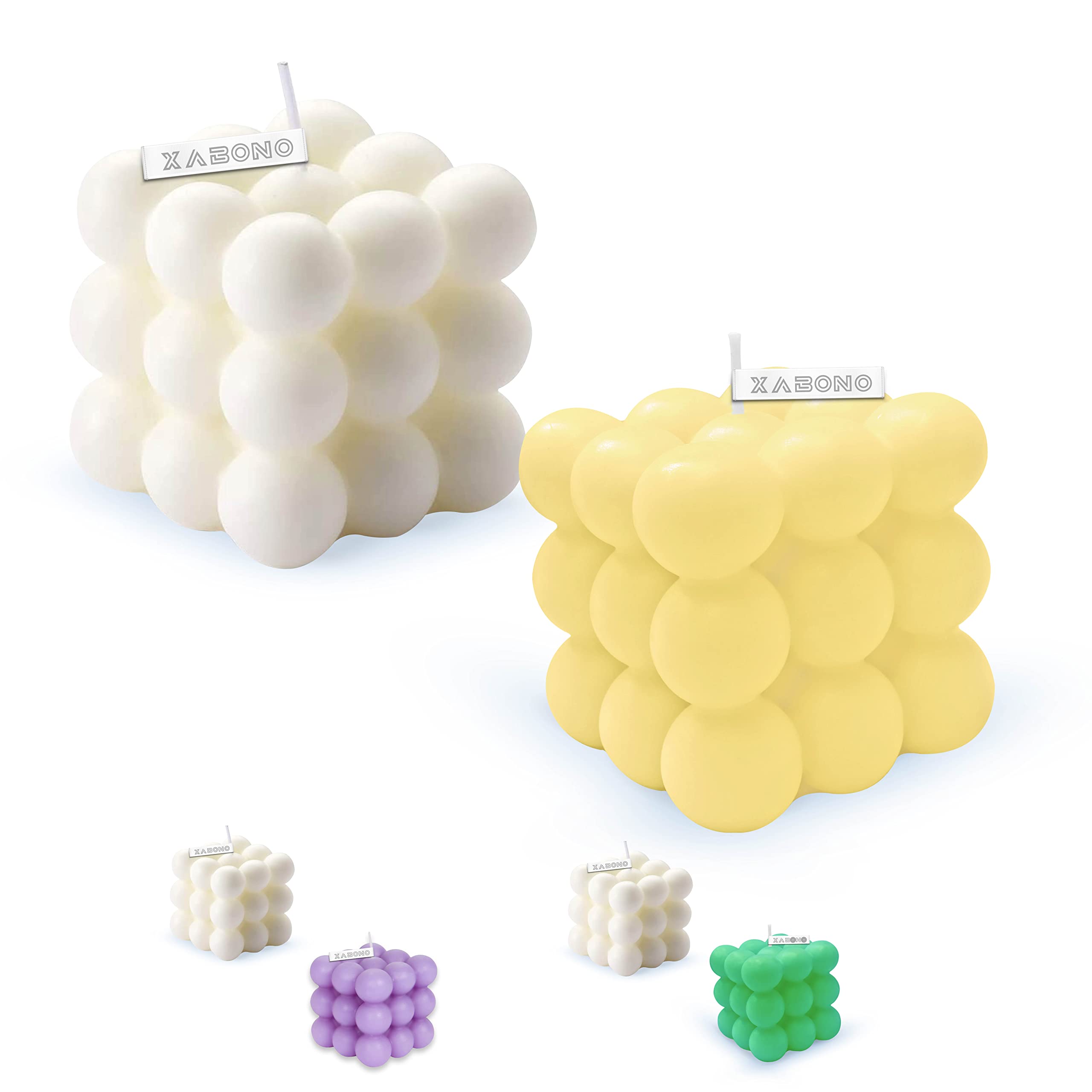 Xabono Bubble Candle Set (1 White, 1 Yellow) - Modern, Handmade, Unscented, Square, Indoor, Bathroom Decor, 2 Count