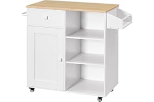 HOOBRO Kitchen Island, Storage Cabinet with Drawer, Kitchen Cart with Spice and Towel Rack, Saving Space, Easy Assembly, for Living Room, White and Natural WN12ZD01