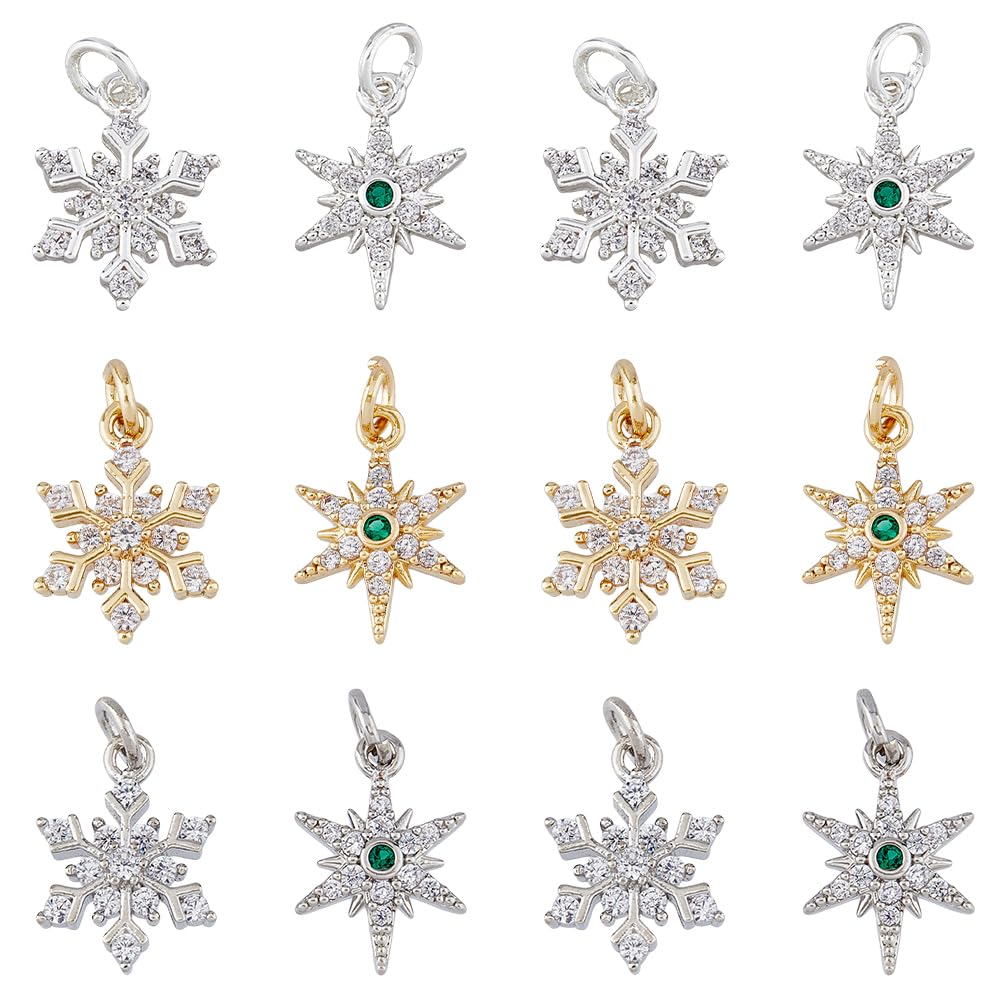 SUPERFINDINGS 12Pcs 6 Style Brass Star Snowflake Pendants Mixed Color Cubic Zirconia Charm with Jump Ring Plating Winter Christmas Pendant for Jewelry Making Hole: 3.5mm