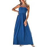 CUPSHE Women's Summer Beach Vacation Dress Boho Smocked Maxi Sundress Casual Long Flowy Spaghetti Strap Dresses