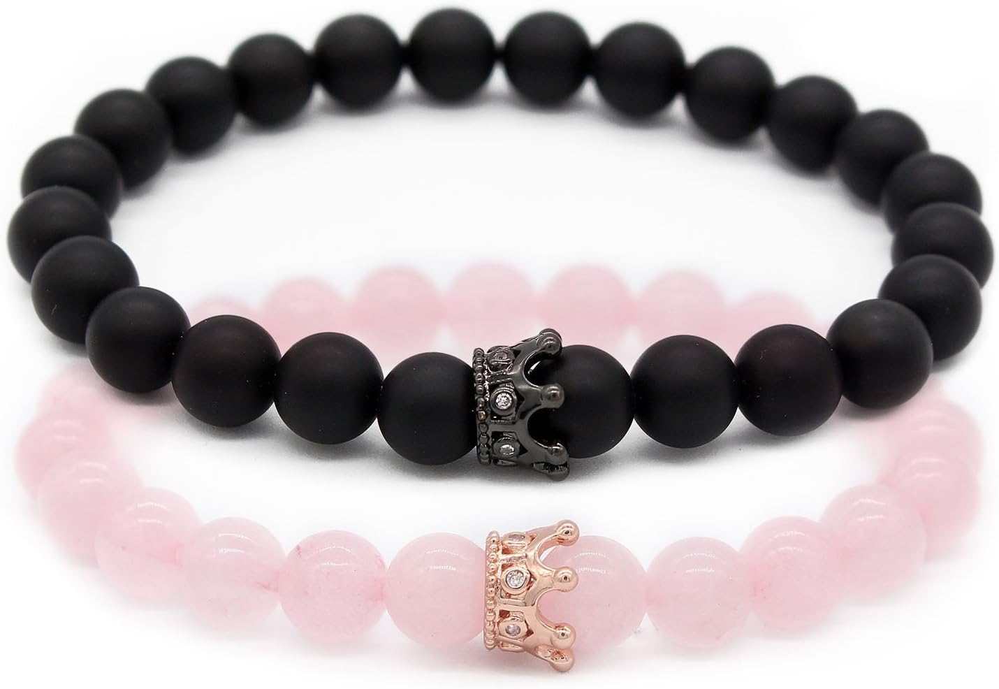 Distance Couple Bracelets with CZ Crown Her King His Queen 8mm Beads Bracelet, 7.6"+7.2"