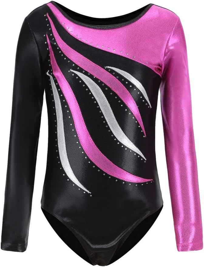 Gsha Girls Long Sleeve Gymnastics Leotards Shiny Waves Metallic Bodysuit Athletic Ballet Dancing Outfit