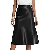 Rooscier Women's Silky Satin High Waist A Line Flared Zipper Elegant Midi Skirt