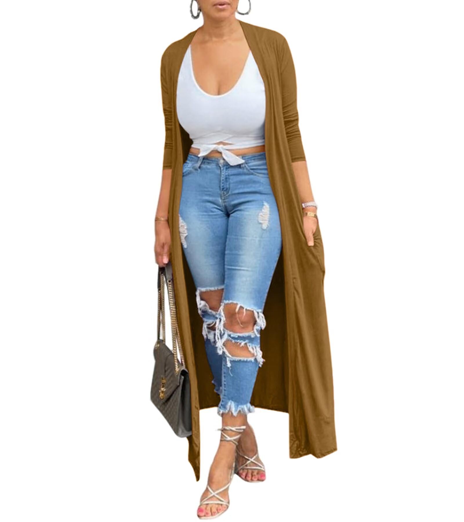Photo 1 of Women's Casual Long Sleeve Lightweight Soft Cover Ups Outerwear Open Front Maxi Drape Cardigans with Pockets Brown L