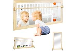 LAKNUAL Montessori Mirror with Bar, 3-Position Wood Baby Pull Up Bar, Floor & Wall Shatterproof Safety Infant Coordination Montessori Furniture, for Home, Daycare, or Preschool