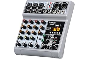BOMGE Audio Mixer, Sound Board Mixing Console with 5 Channel Digital USB Bluetooth Echo Delay Effect, 48V Phantom Power Stereo DJ Mixers for Recording, Live Streaming, Podcasting (BM-05 5 canales)