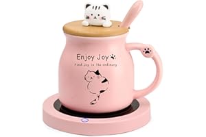 WAIPFARU Coffee Mug Warmer, Cute Cat Mug Set, Coffee Cup Warmer for Desk, Gifts for Women, Pink Heated Coffee Warmer for Mom Home Office Christmas Birthday Gifts