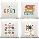 ISANOU Reading Corner Decorative Pillow Covers,Let's Read Throw Pillow Covers Decor for Library Nursery Classroom Bedroom Living Room,Readers Book Lovers Gifts,18x18 Inch Pillowcase Set of 4