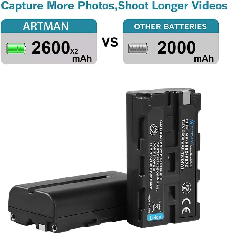 Artman NP-F550 2-Pack Replacement Batteries and One Battery Wall Charger for Sony NP F970, F750, F770, F960, F550, F530, F330, F570, CCD-SC55, TR516, TR716, TR818, TR910, TR917(2600mAh) : Camera & Photo