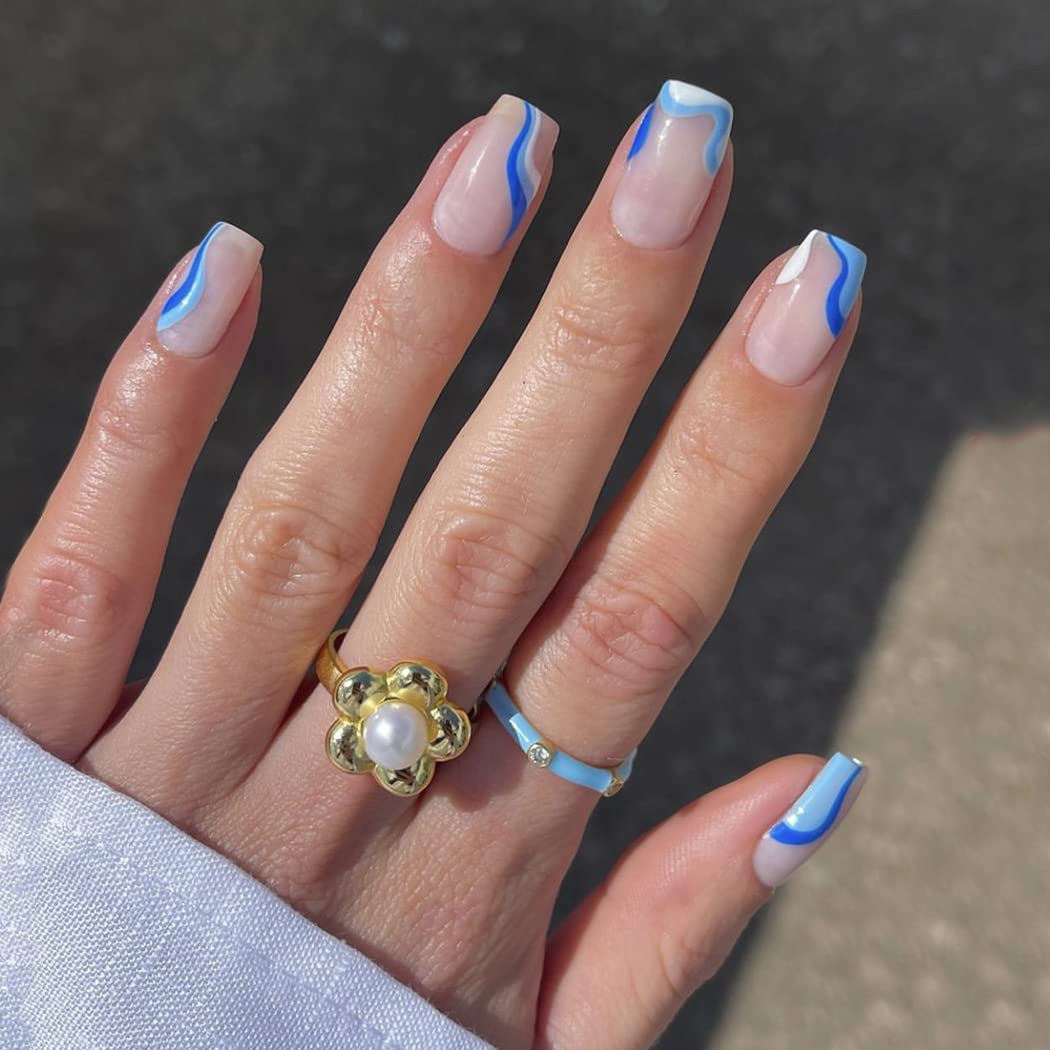 Sethexy 24Pcs French Short Square False Nails Blue Swirl Pink Press on Nails Glossy Wave Fake Nail Acrylic Stick on Nail for Women and Girls Nail Art — image 1