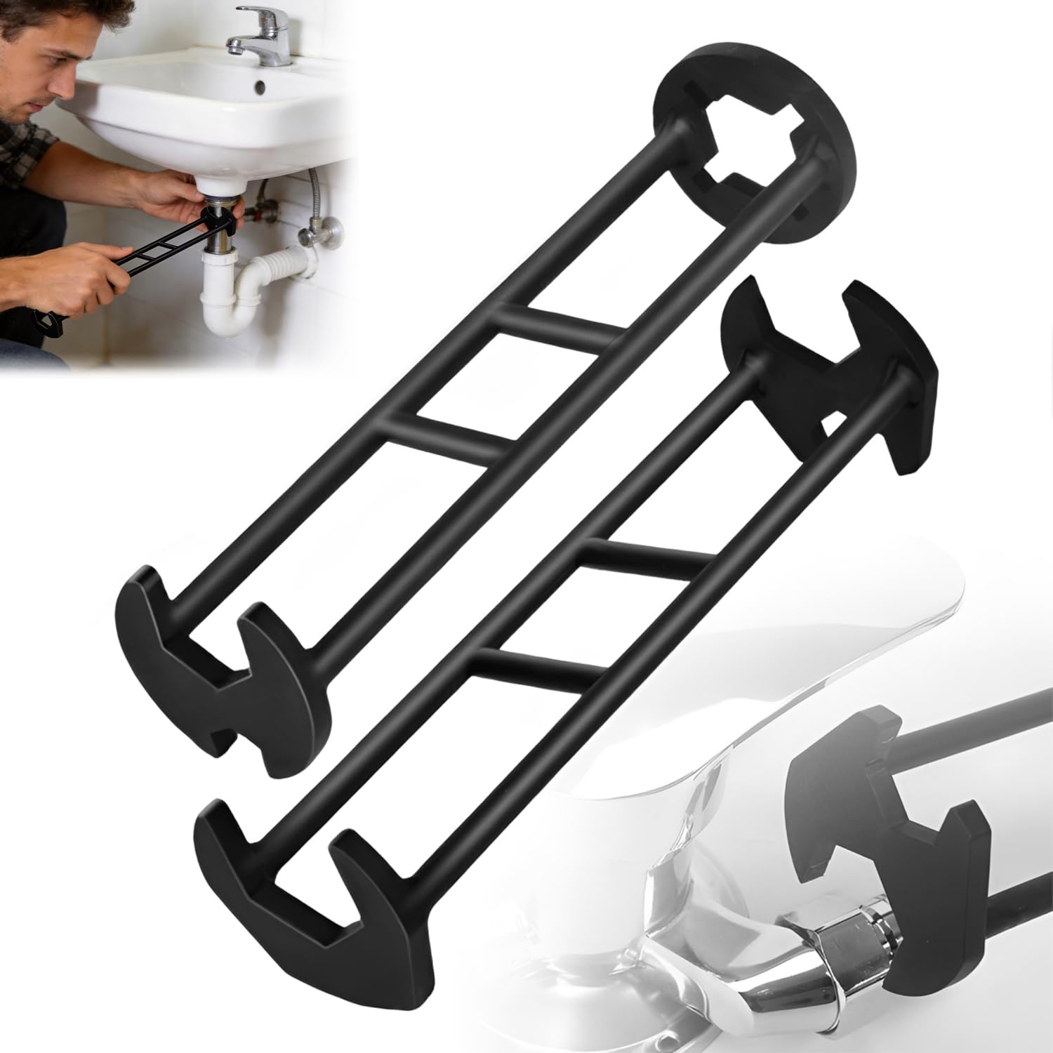 Photo 1 of 2 Pcs Multifunctional Sink Wrench,Sink Wrench Faucet Tool,Plumbing Wrench for Tight Spaces,Faucet Installation Tool for Kitchen Bathroom,Under Basin Pipe & Angle Valve Repair Plumbing Tools (1 Set)