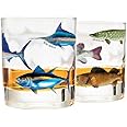 Greenline Goods – Fishing Glass Set for Fisherman and Outdoorsman – Fish Themed 10 oz Whiskey Glass Set of 2 - Freshwater and Saltwater Fish on the Glass