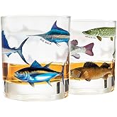 Greenline Goods – Fishing Glass Set for Fisherman and Outdoorsman – Fish Themed 10 oz Whiskey Glass Set of 2 - Freshwater and Saltwater Fish on the Glass