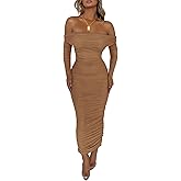 PRETTYGARDEN Women's Fall Off The Shoulder Maxi Dress Spring Long Sleeve Ruched Fitted Bodycon Club Dresses with Slit