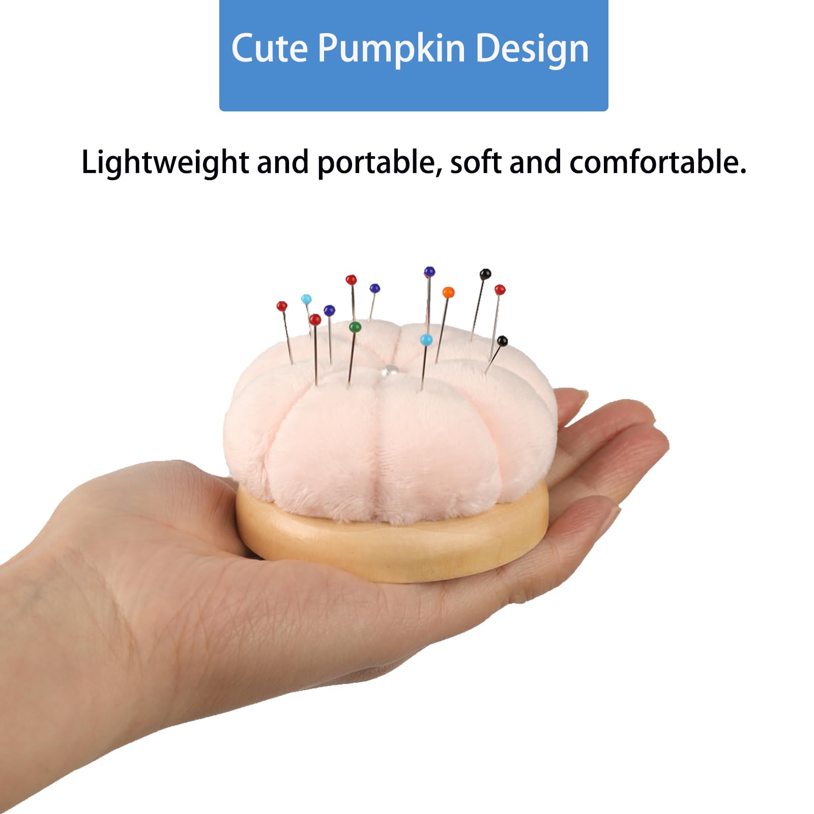 Hilltian Pin Cushion for Sewing, Wooden Base Sewing Pincushion with 100 Plastic Head Pins, Cute Pins Holder for Sewing Quilting (Light Pink)