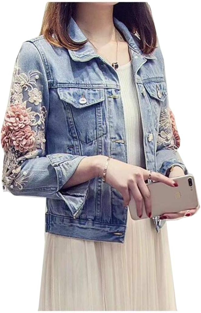 2019 Autumn Women Embroidery Dimensional Flowers Pearl Bead Denim Coat Jean Jacket